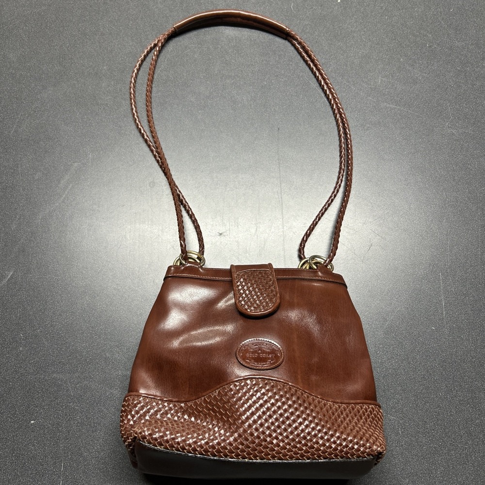 Vintage Gold Coast Brown Woven Leather Handbag W/ Gold Tone Hardware